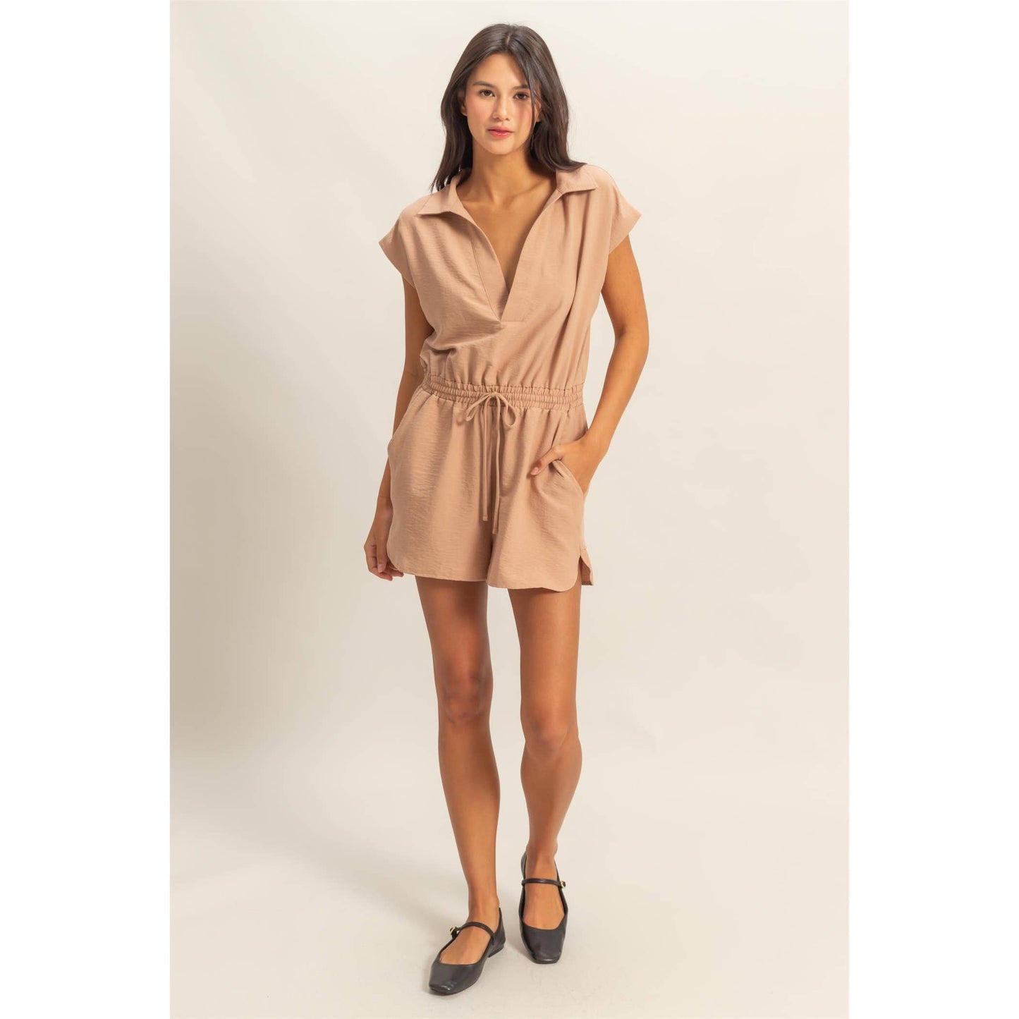 Collared Romper with Buttonless Placket:DARK TAUPE