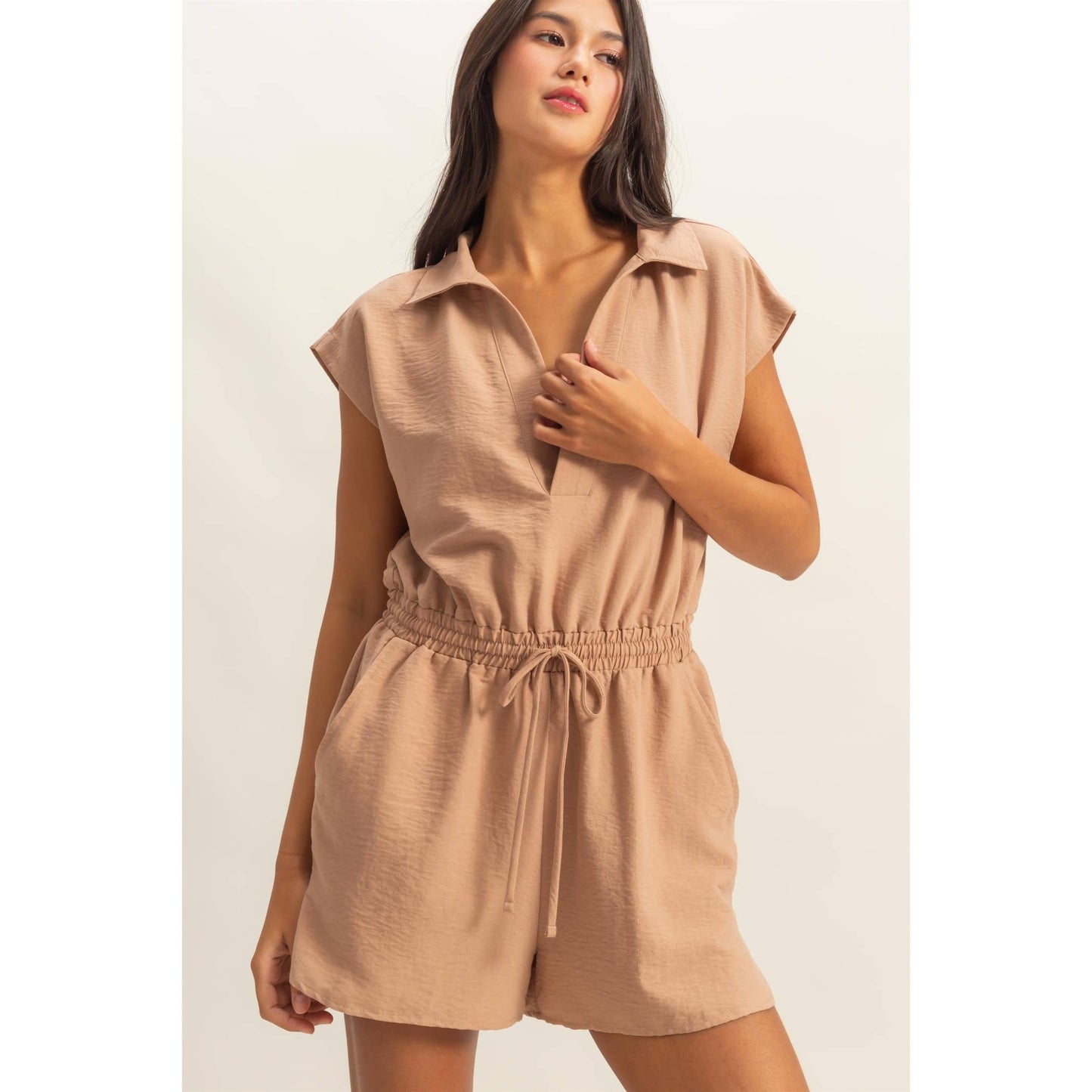 Collared Romper with Buttonless Placket:DARK TAUPE
