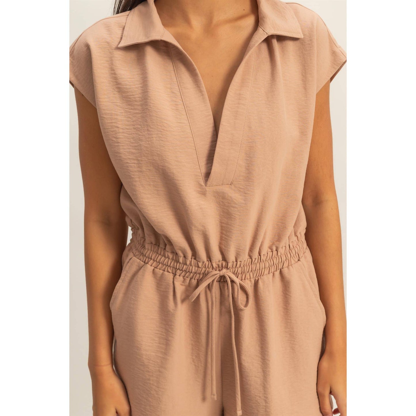 Collared Romper with Buttonless Placket:DARK TAUPE