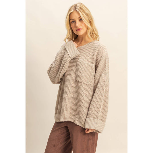 Oversized Casual Ribbed Knit Sweater: L.TAUPE