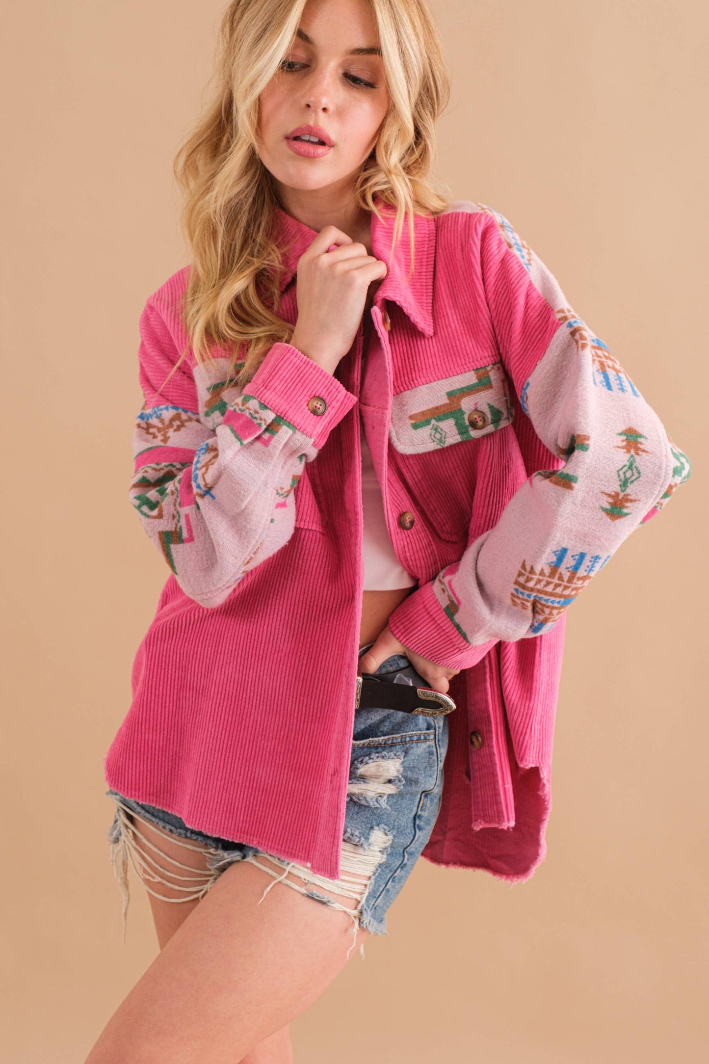 32656J - Corduroy Aztec Contrast Button Up Shirt Jacket: HOT PINK / S