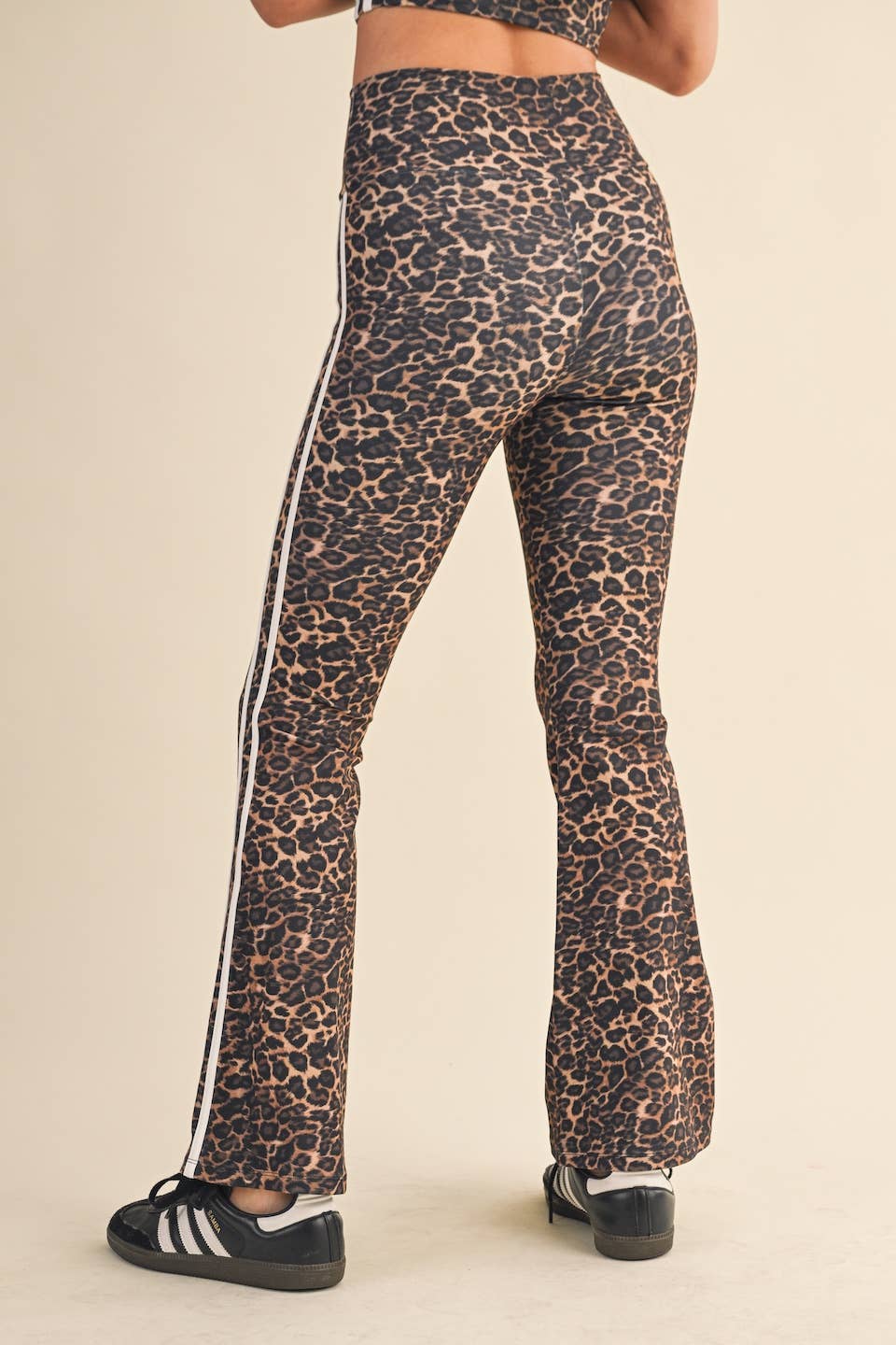 Leopard Print High Waist Flare Pants with Side Stripe:Leopard