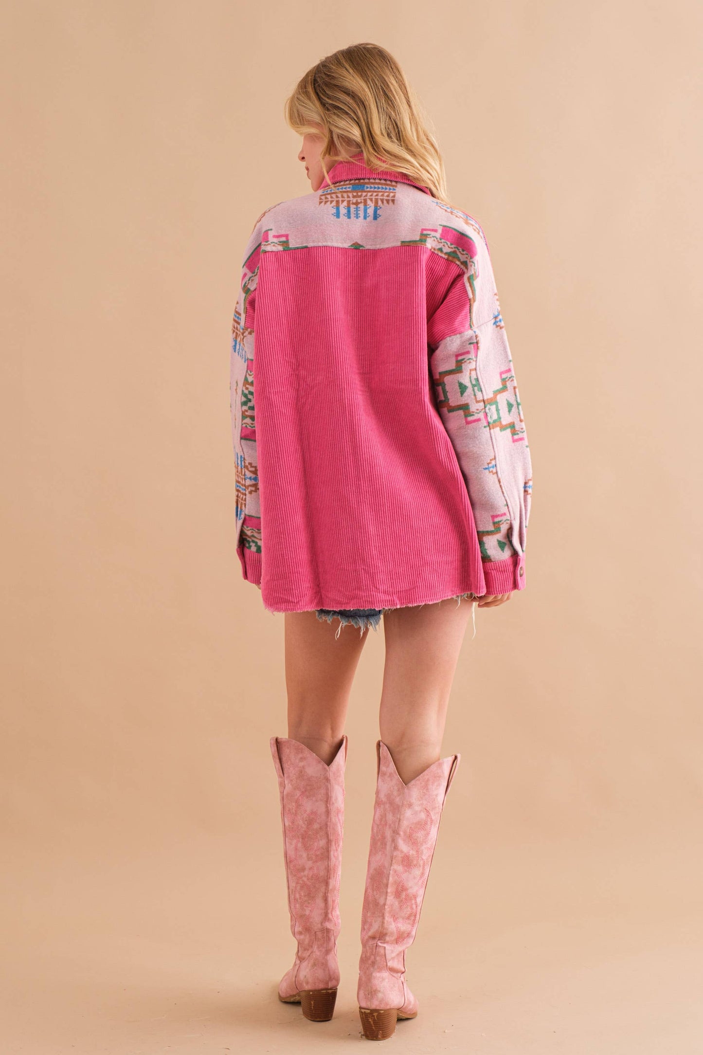 32656J - Corduroy Aztec Contrast Button Up Shirt Jacket: HOT PINK / S