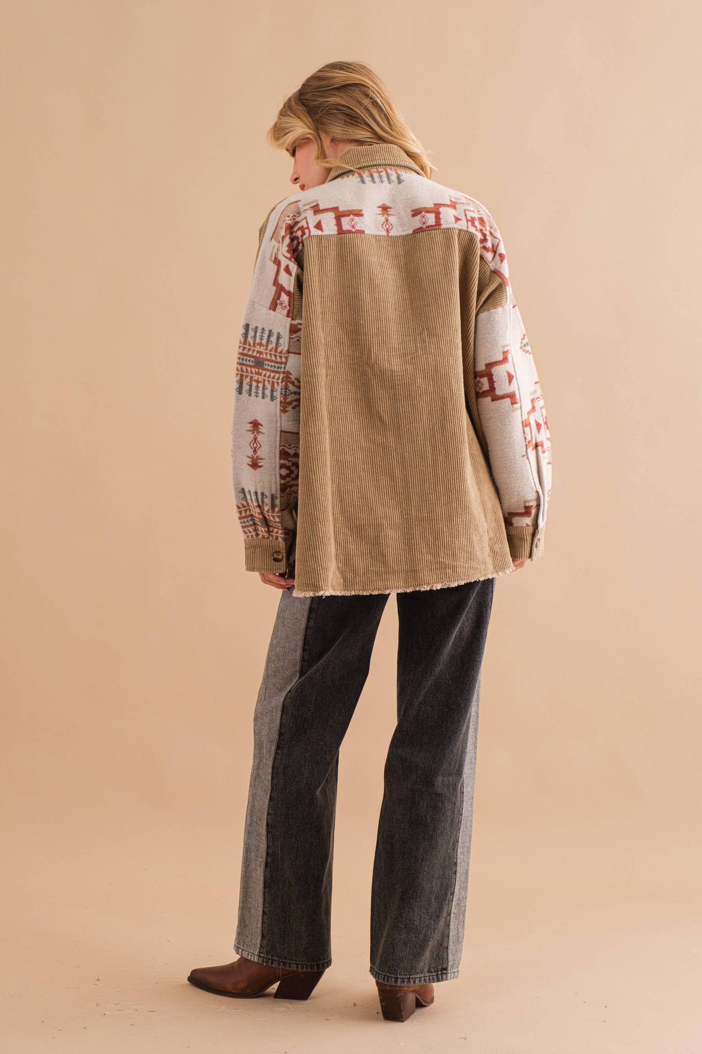 32656J - Corduroy Aztec Contrast Button Up Shirt Jacket: HOT PINK / S