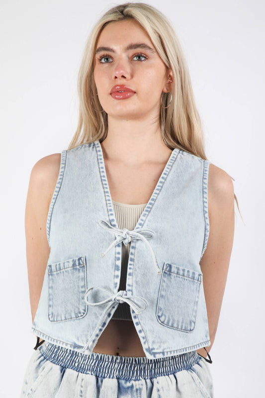 Acid Washed Denim Front Tie Vest: LT INDIGO