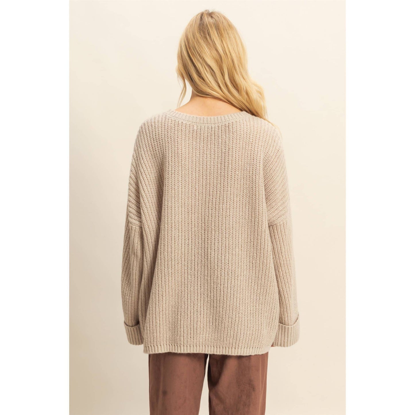 Oversized Casual Ribbed Knit Sweater: L.TAUPE