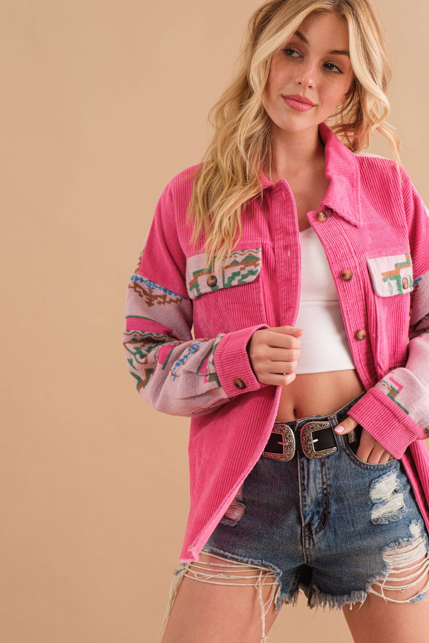 32656J - Corduroy Aztec Contrast Button Up Shirt Jacket: HOT PINK / S