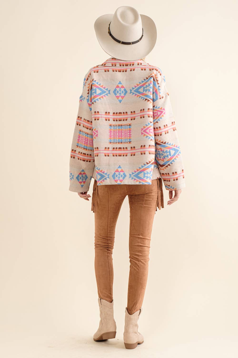 Aztec Jacquard Mock Neck Button Up Western Jacket: IVORY BLUE