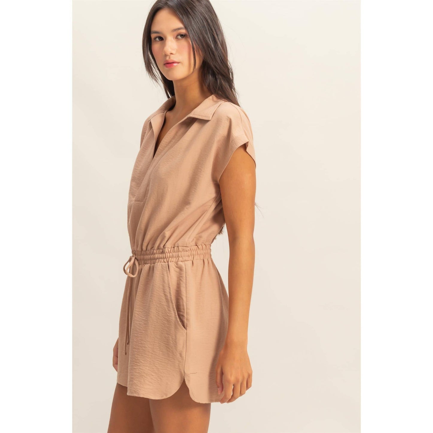 Collared Romper with Buttonless Placket:DARK TAUPE