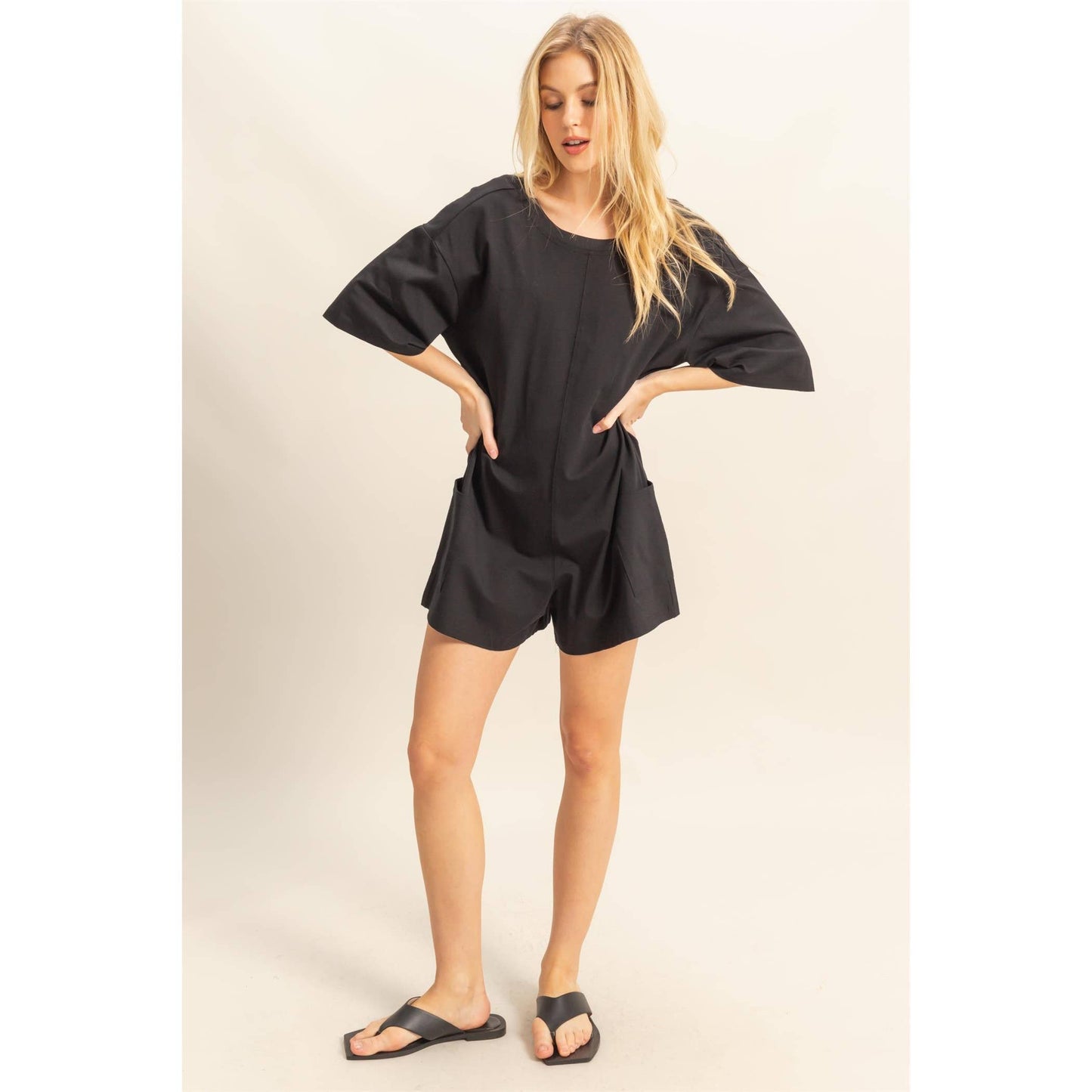 Drop Shoulder Short Sleeve Knit Romper:BLACK
