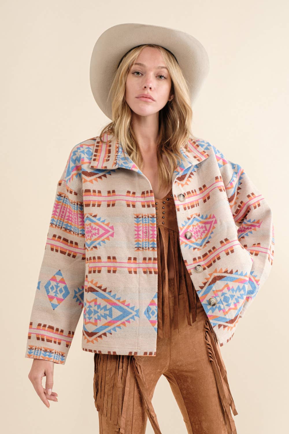 Aztec Jacquard Mock Neck Button Up Western Jacket: IVORY BLUE