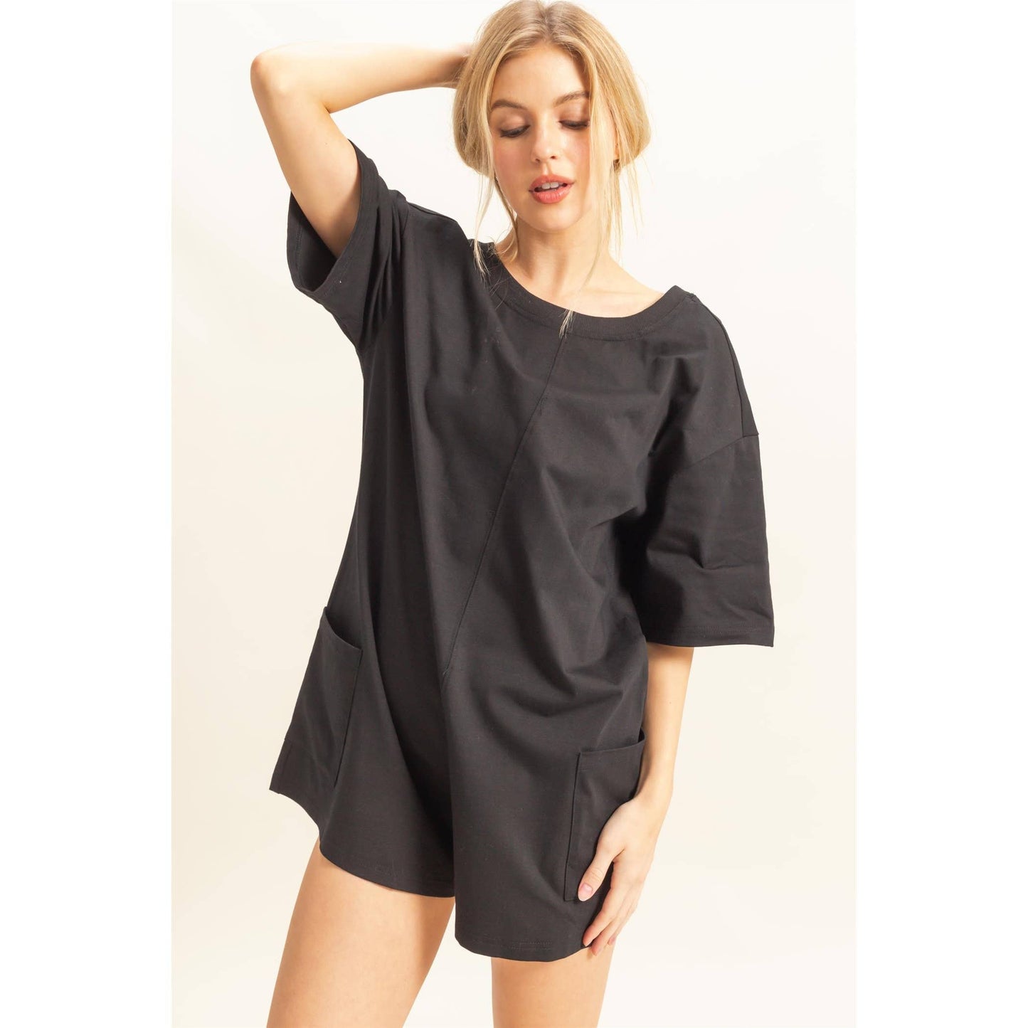 Drop Shoulder Short Sleeve Knit Romper:BLACK