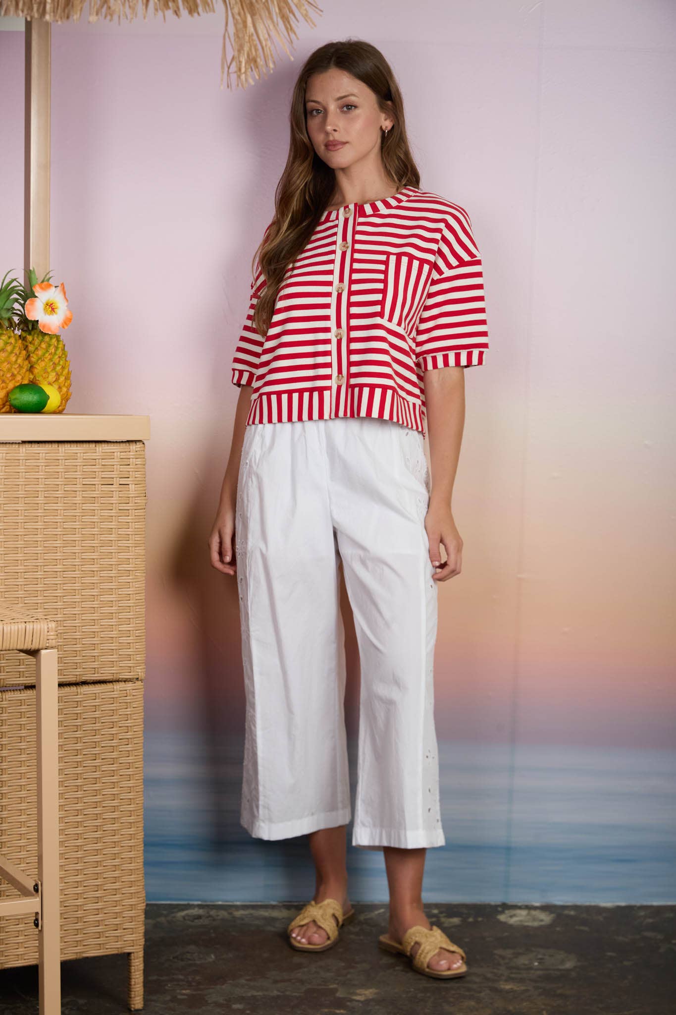 STRIPE PATTERN SHORT SLEEVE BUTTON DOWN KNIT TOP : RED