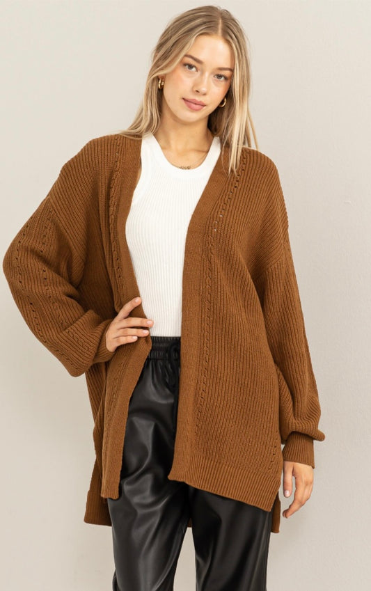 TOTAL APPEAL OPEN FRONT BALLOON SLEEVE CARDIGAN-Caramel