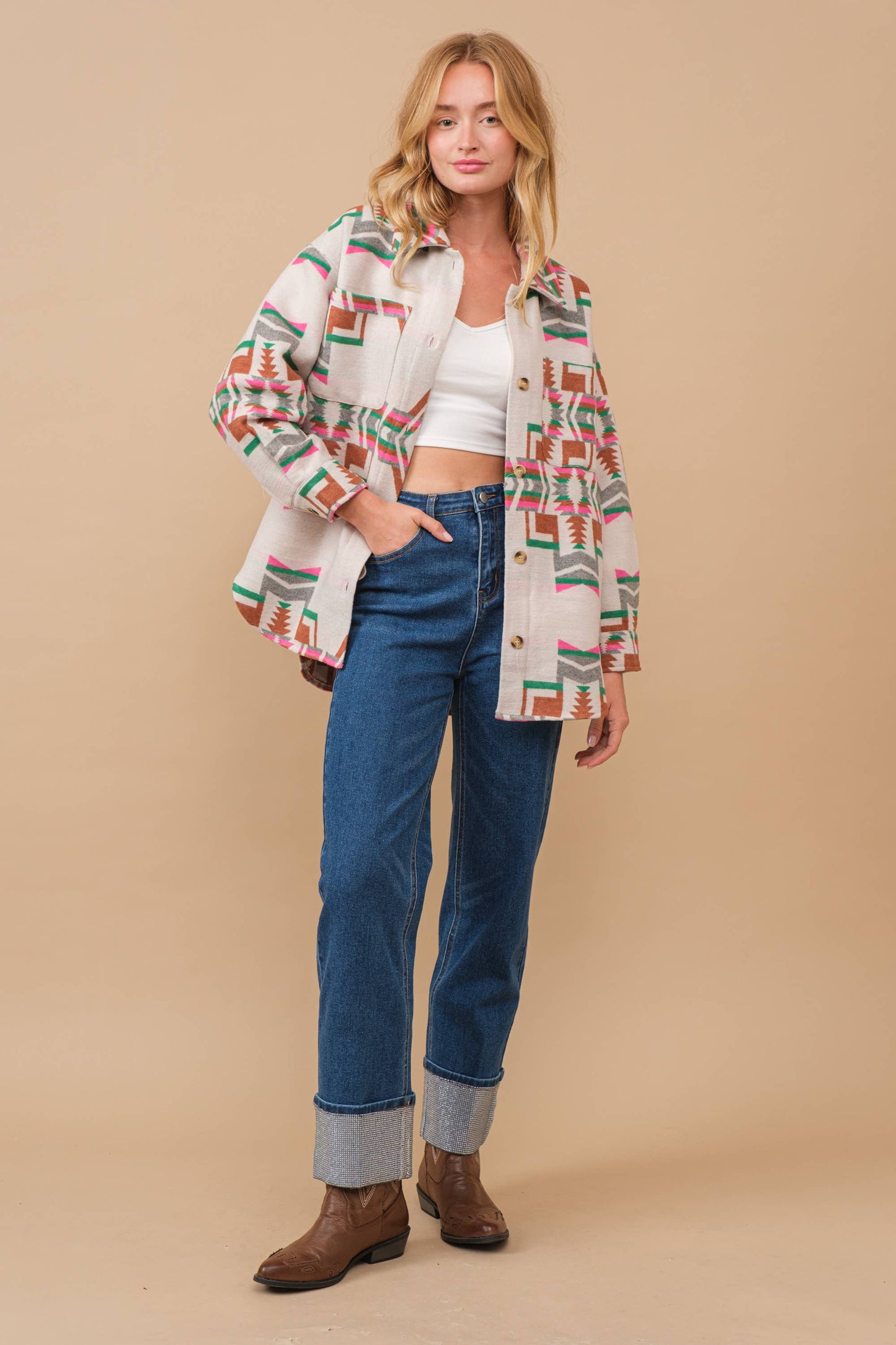 34201J - Blue B Exclusive Aztec Pattern Button Up Jacket: FUCHSIA GREEN / S