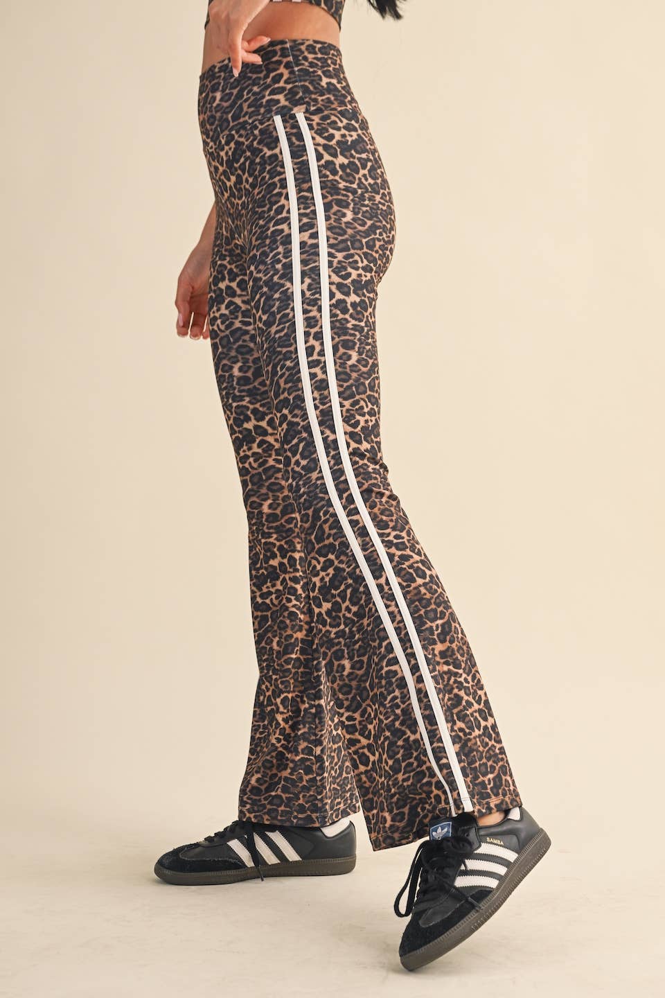 Leopard Print High Waist Flare Pants with Side Stripe:Leopard