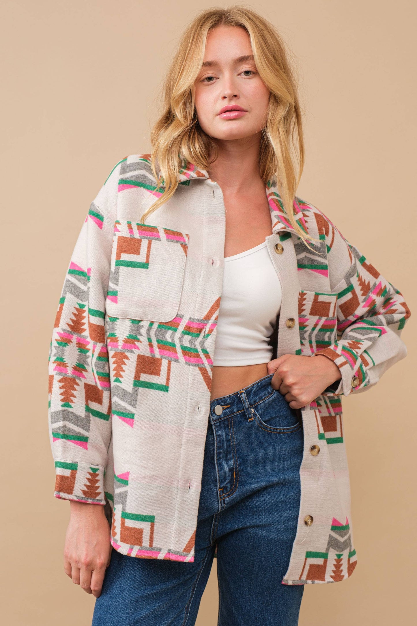 34201J - Blue B Exclusive Aztec Pattern Button Up Jacket: FUCHSIA GREEN / S