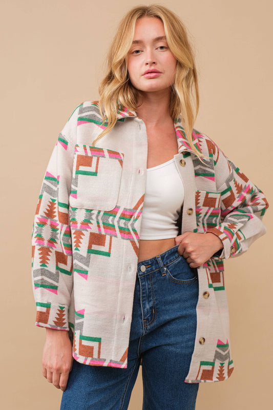 34201J - Blue B Exclusive Aztec Pattern Button Up Jacket: FUCHSIA GREEN / S