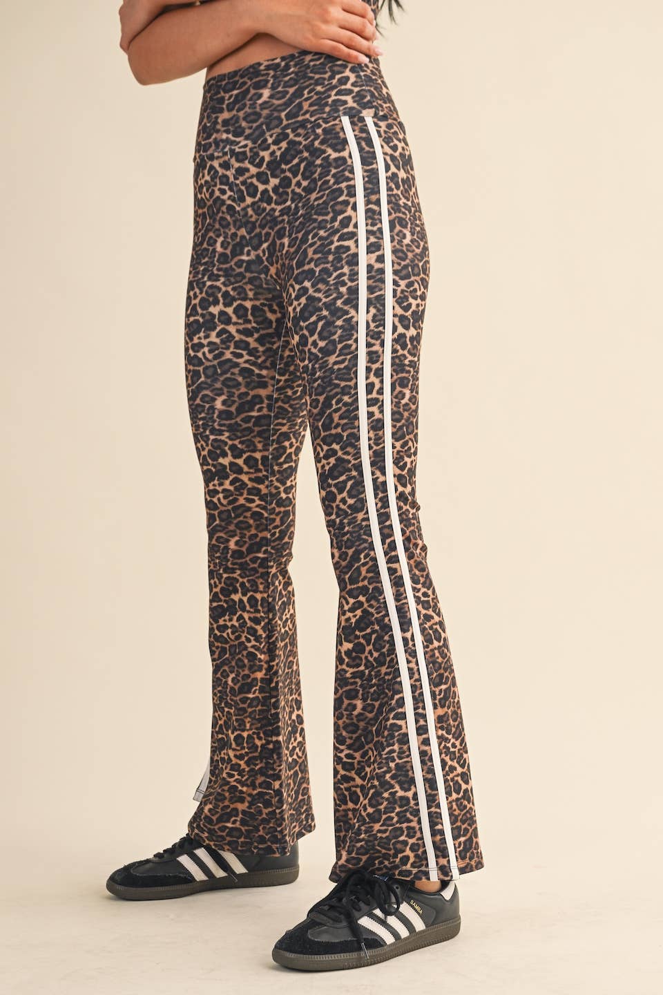 Leopard Print High Waist Flare Pants with Side Stripe:Leopard