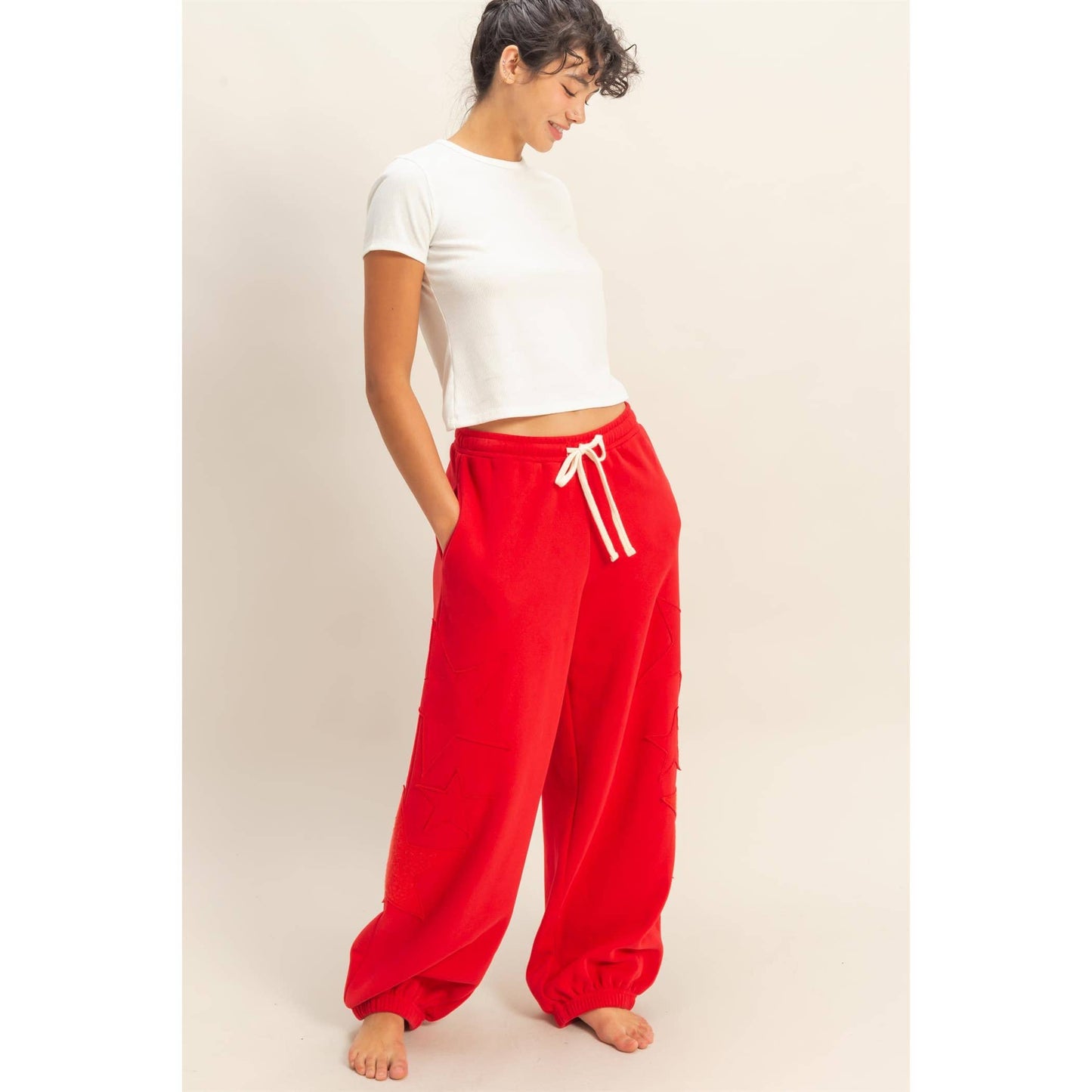 Star Patch Casual Drawstring Jogger Pants: RED
