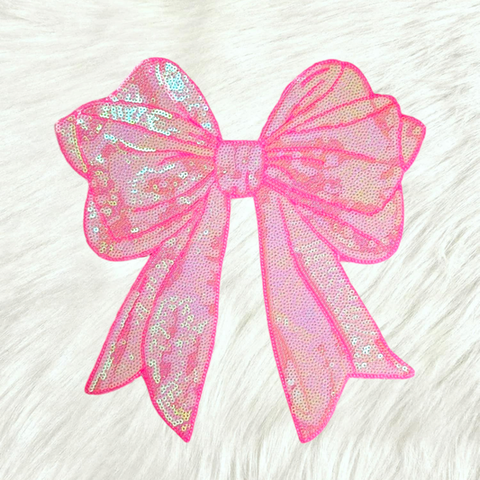 Pink Bow Sequin Large Iron On Patch