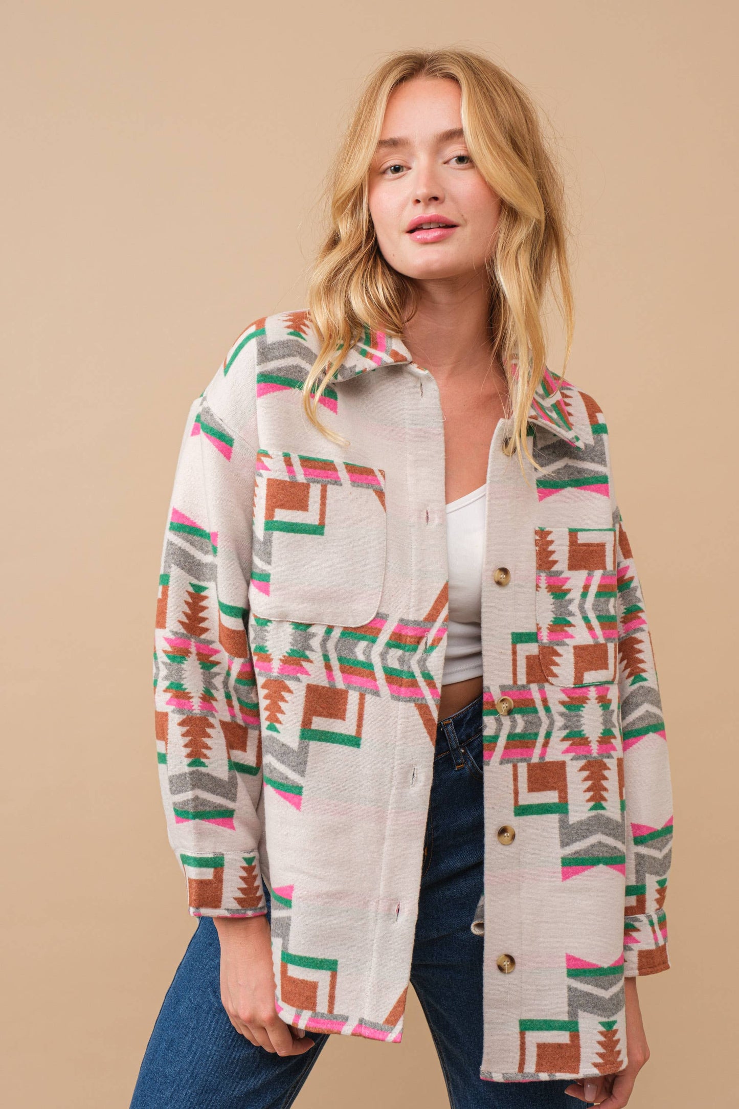 34201J - Blue B Exclusive Aztec Pattern Button Up Jacket: FUCHSIA GREEN / S
