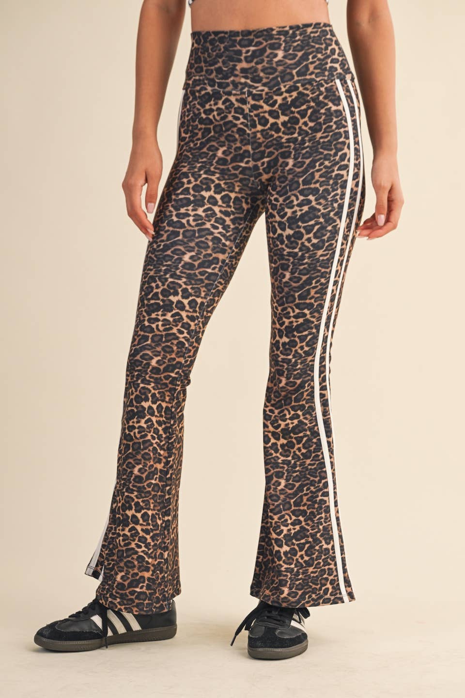 Leopard Print High Waist Flare Pants with Side Stripe:Leopard