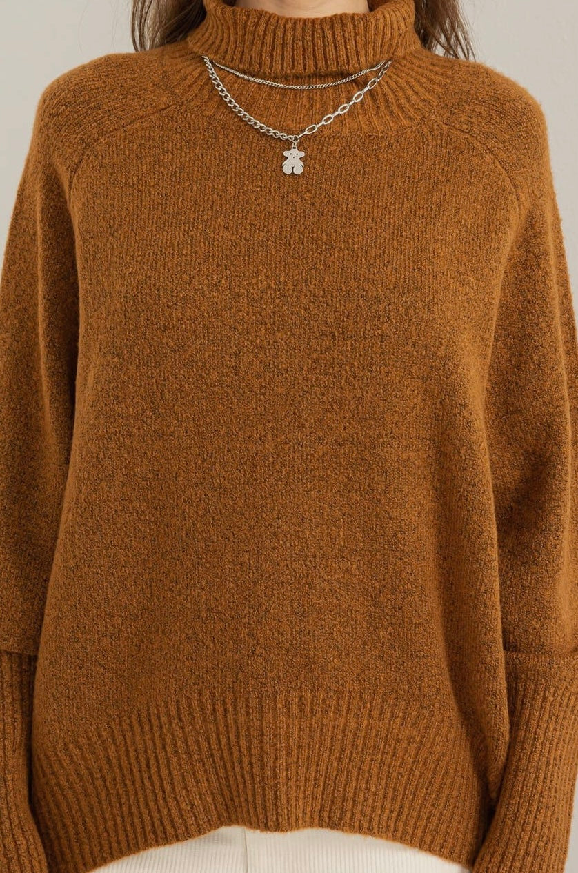 Dream State Turtleneck Long Sleeve Sweater-Caramel