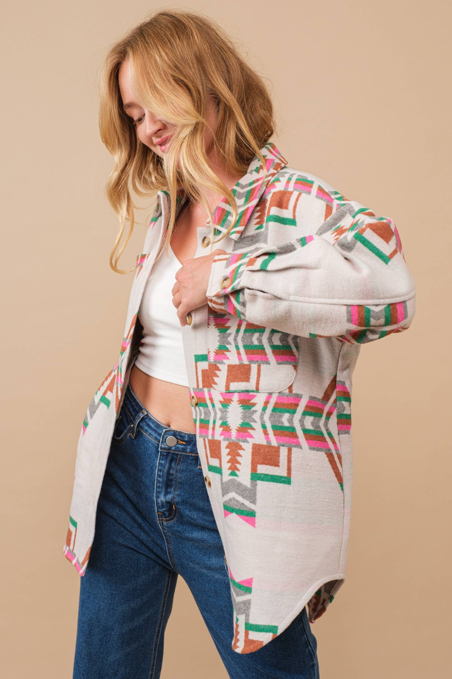 34201J - Blue B Exclusive Aztec Pattern Button Up Jacket: FUCHSIA GREEN / S