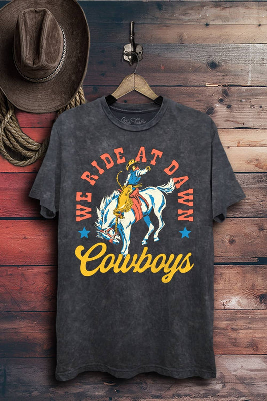 We Ride at Dawn Cowboys Graphic Tee: Vintage Black Mineral Wash