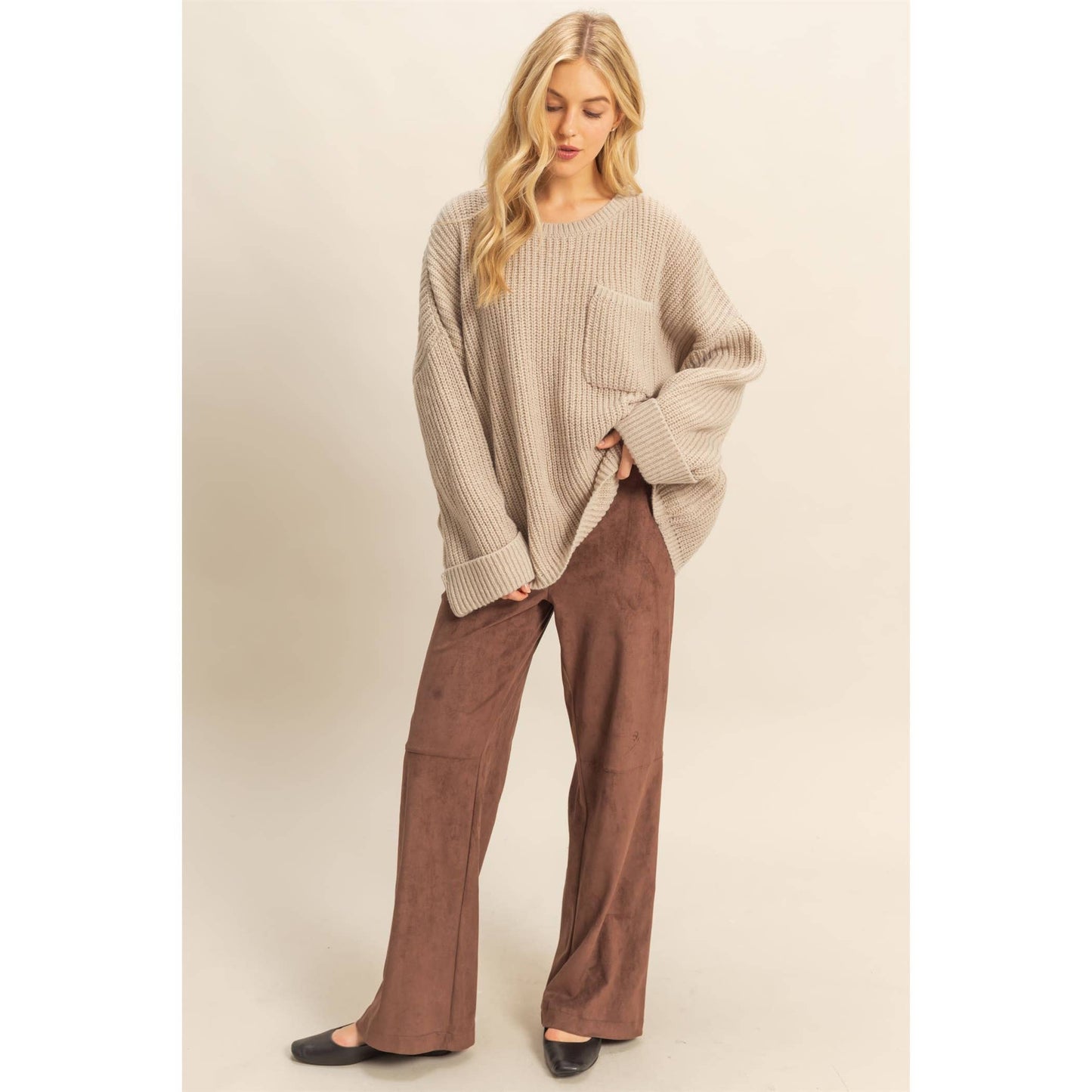 Oversized Casual Ribbed Knit Sweater: L.TAUPE