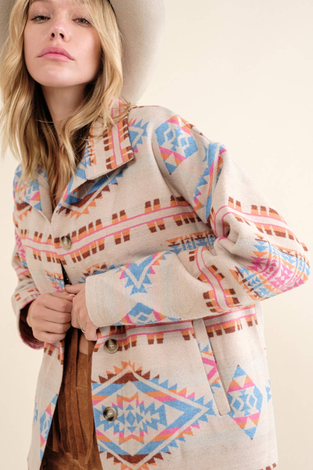 Aztec Jacquard Mock Neck Button Up Western Jacket: IVORY BLUE