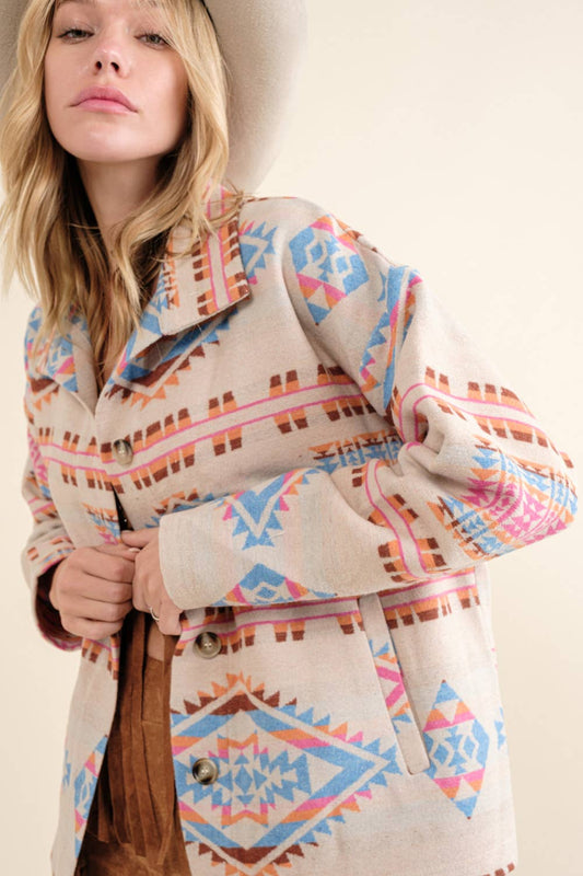 Aztec Jacquard Mock Neck Button Up Western Jacket: IVORY BLUE