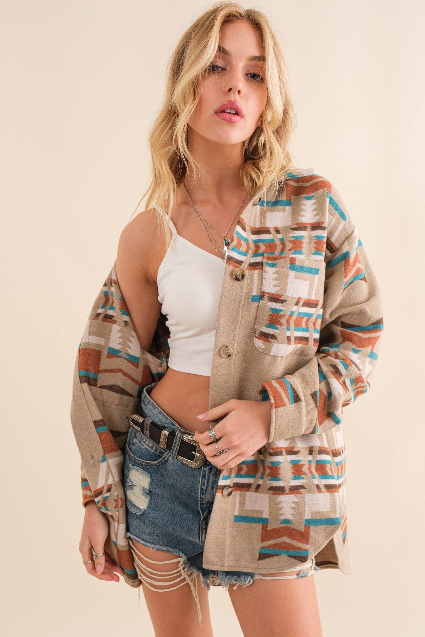 34201J - Blue B Exclusive Aztec Pattern Button Up Jacket: FUCHSIA GREEN / S