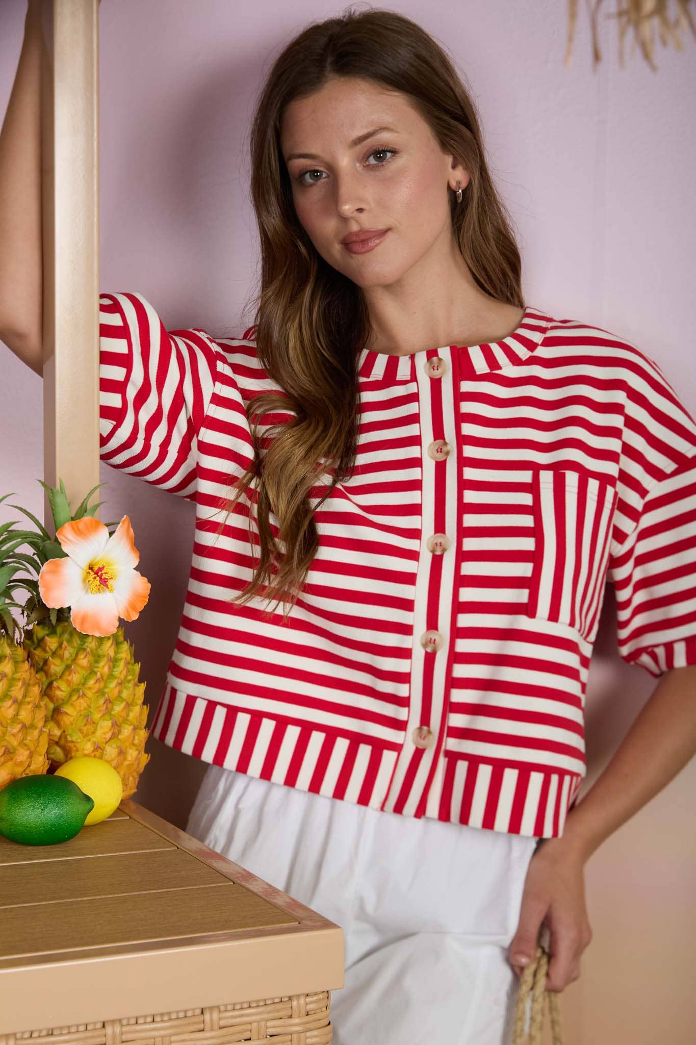 STRIPE PATTERN SHORT SLEEVE BUTTON DOWN KNIT TOP : RED