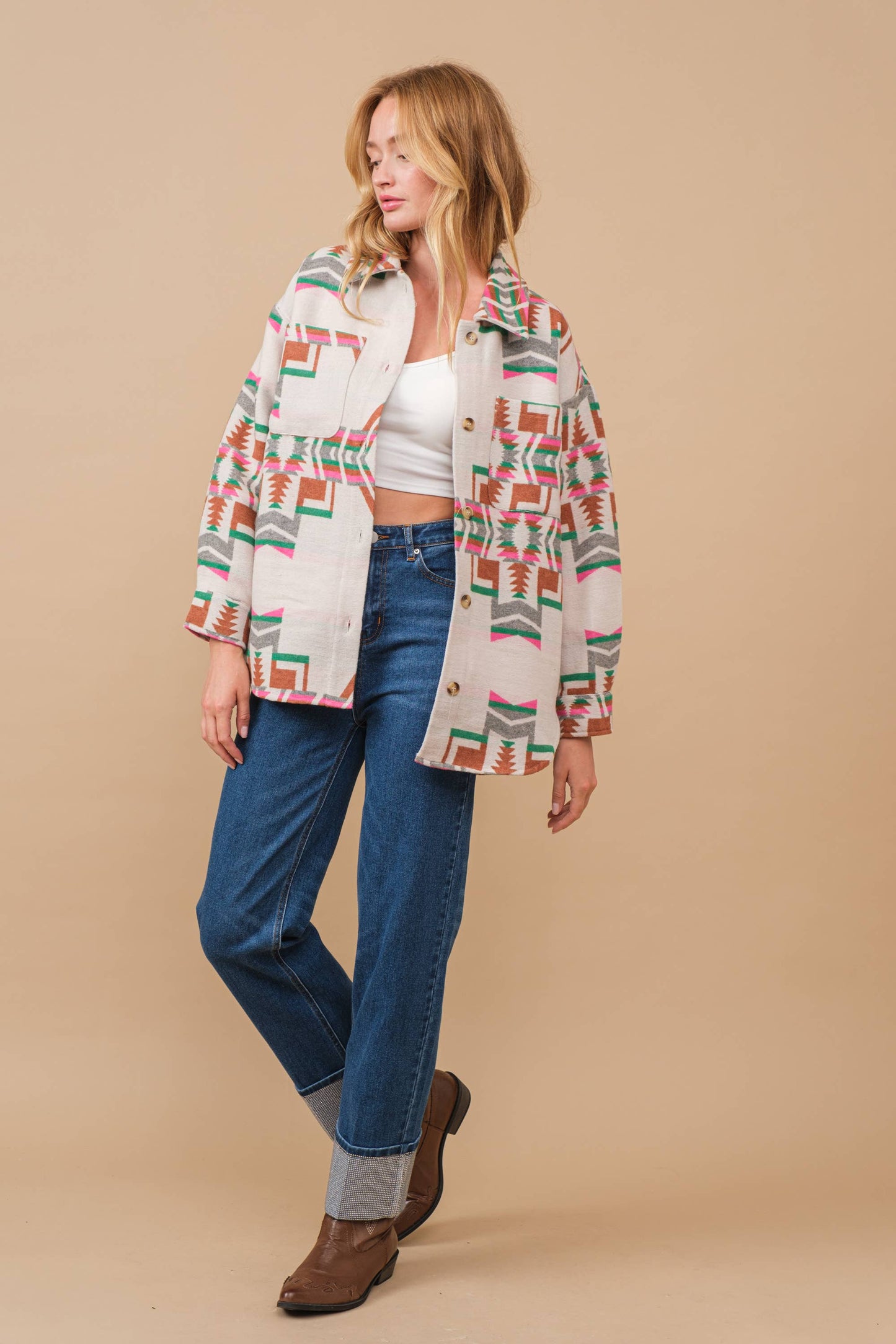 34201J - Blue B Exclusive Aztec Pattern Button Up Jacket: FUCHSIA GREEN / S