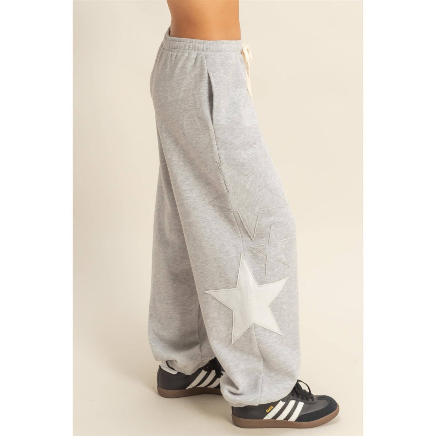 Star Patch Casual Drawstring Jogger Pants: HEATHER GRAY