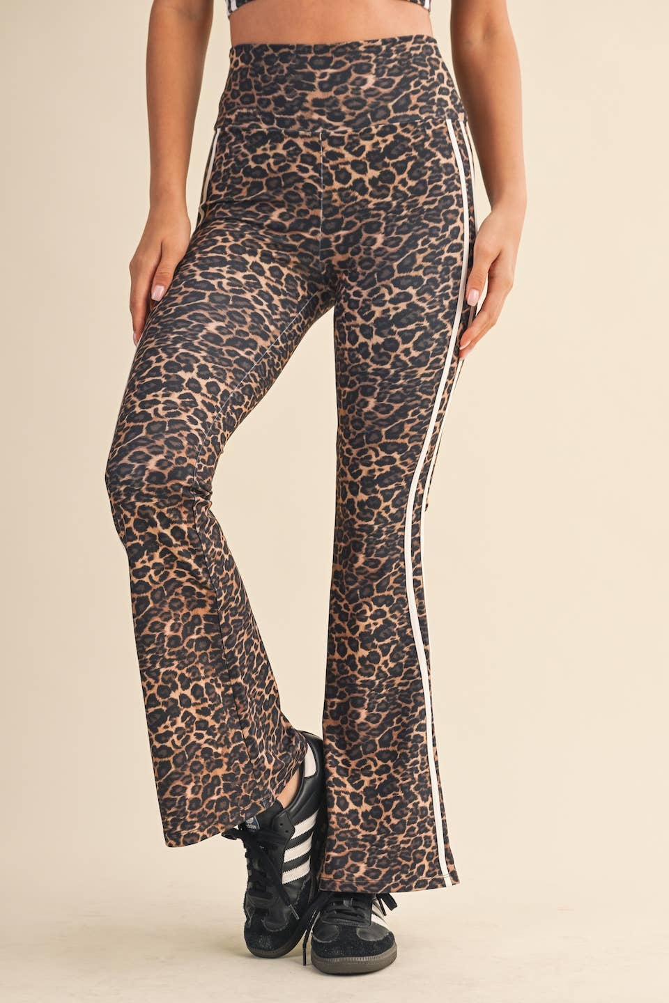 Leopard Print High Waist Flare Pants with Side Stripe:Leopard