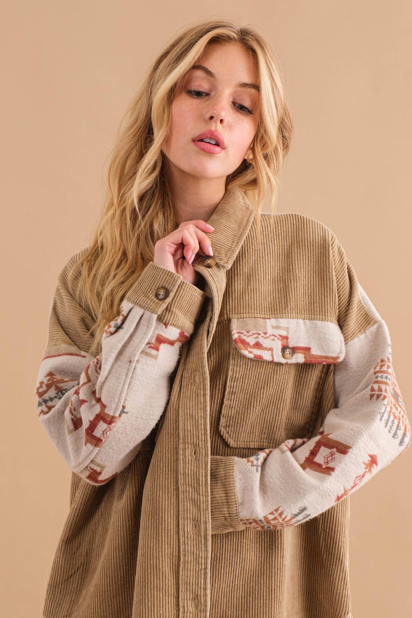 32656J - Corduroy Aztec Contrast Button Up Shirt Jacket: HOT PINK / S