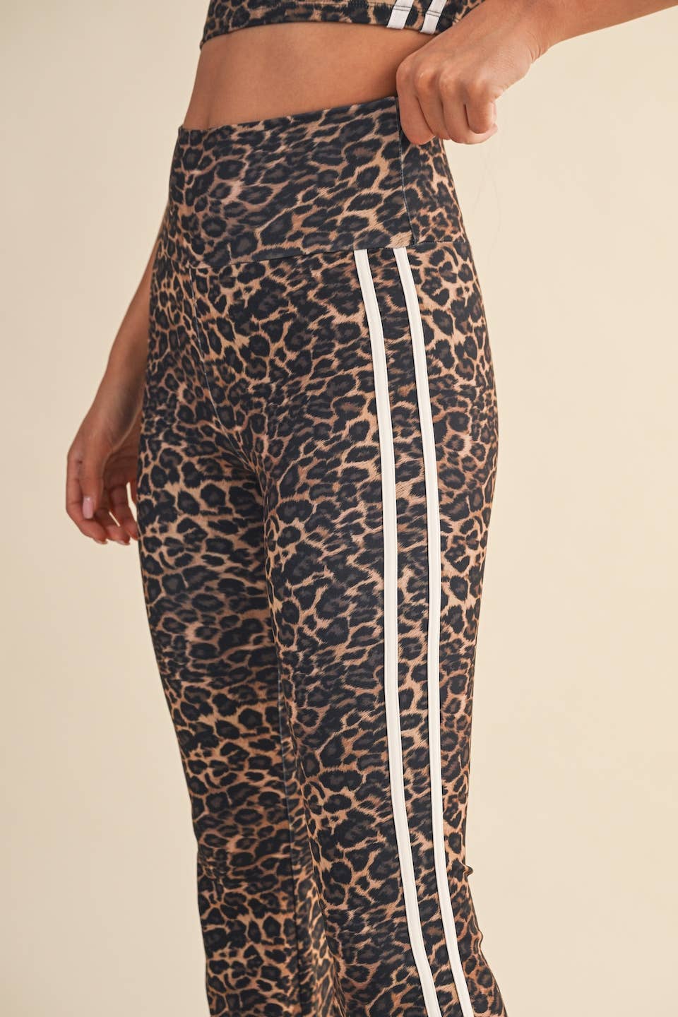 Leopard Print High Waist Flare Pants with Side Stripe:Leopard