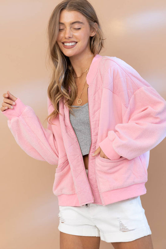 Quilted Fleece Mix Oversized Zip Up Jacket: PINK