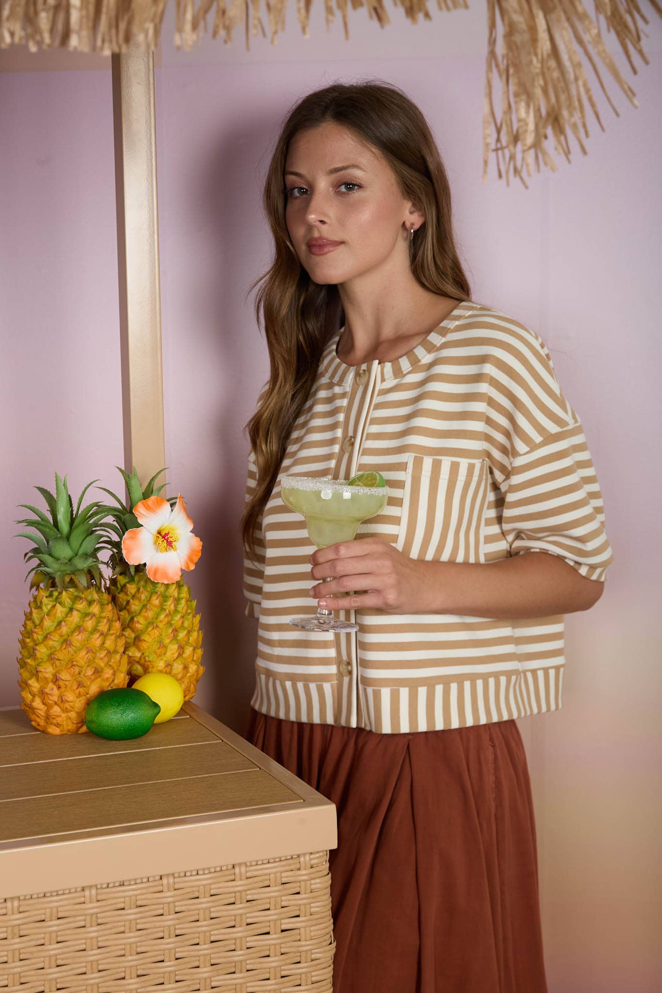 STRIPE PATTERN SHORT SLEEVE BUTTON DOWN KNIT TOP : RED