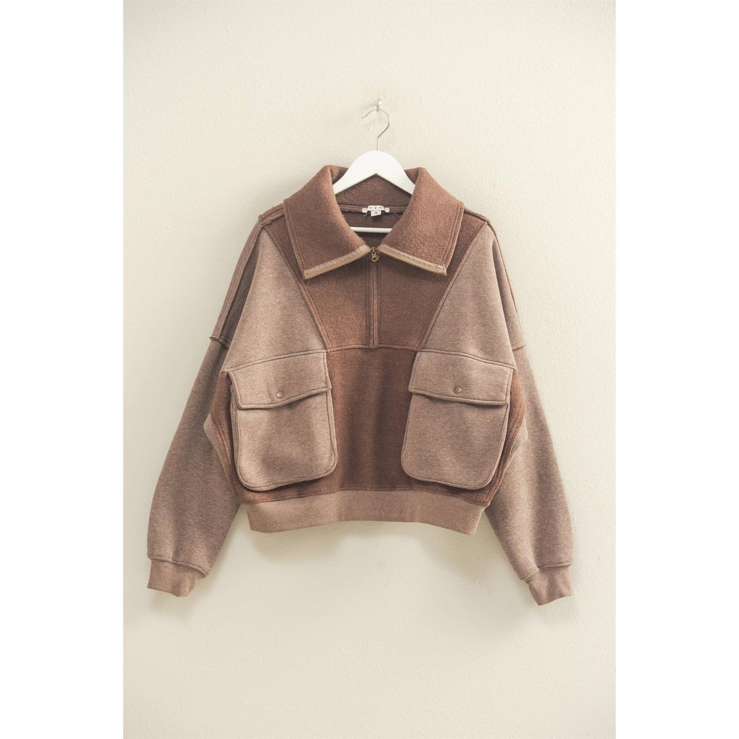 Mineral Washed Oversized Sweatfleece Half-Zip Top:MOCHA
