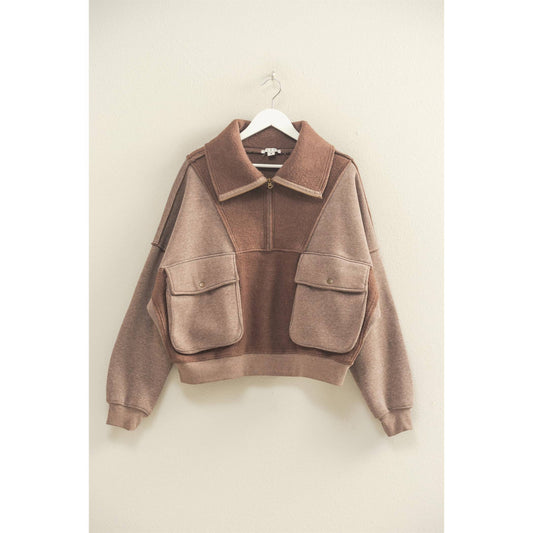 Mineral Washed Oversized Sweatfleece Half-Zip Top:MOCHA