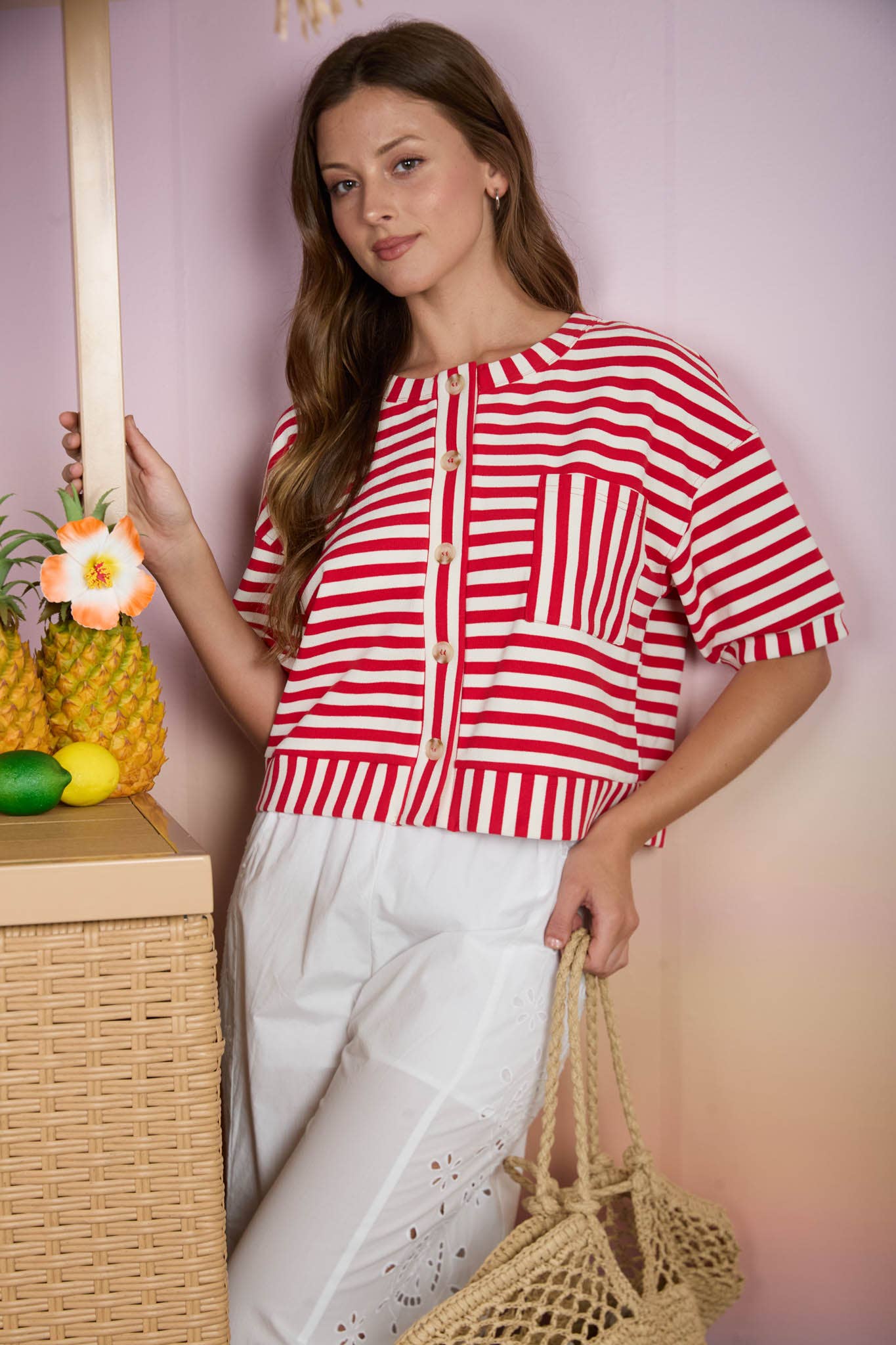 STRIPE PATTERN SHORT SLEEVE BUTTON DOWN KNIT TOP : RED