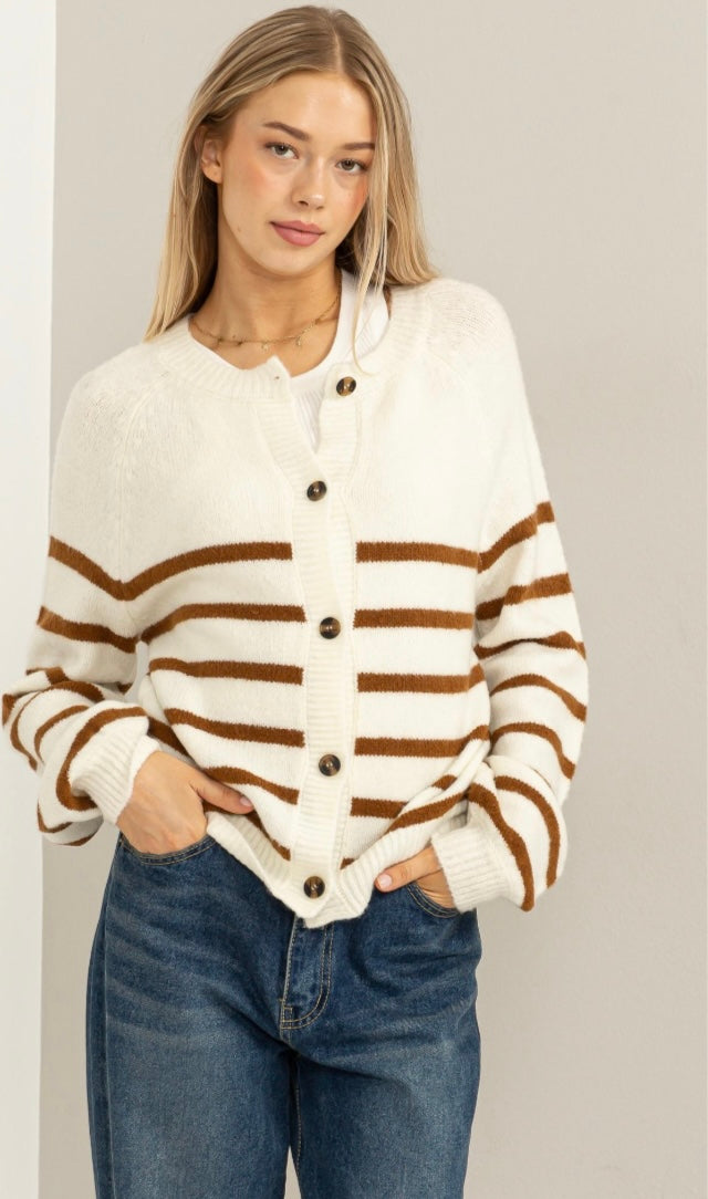 POSITIVE PRESENCE STRIPED RAGLAN SLEEVE CARDIGAN SWEATER