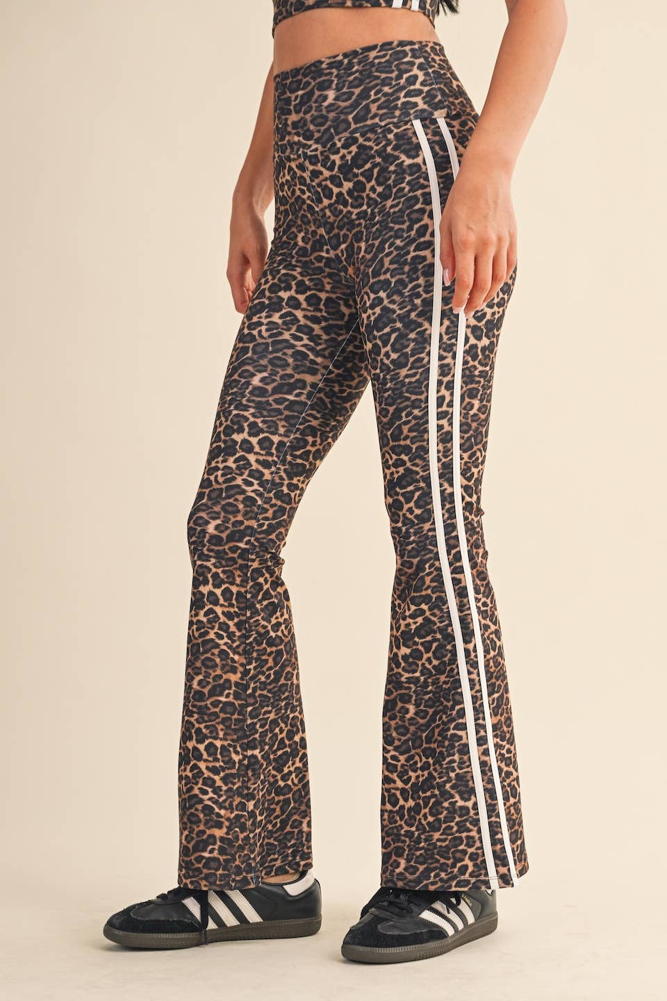 Leopard Print High Waist Flare Pants with Side Stripe:Leopard