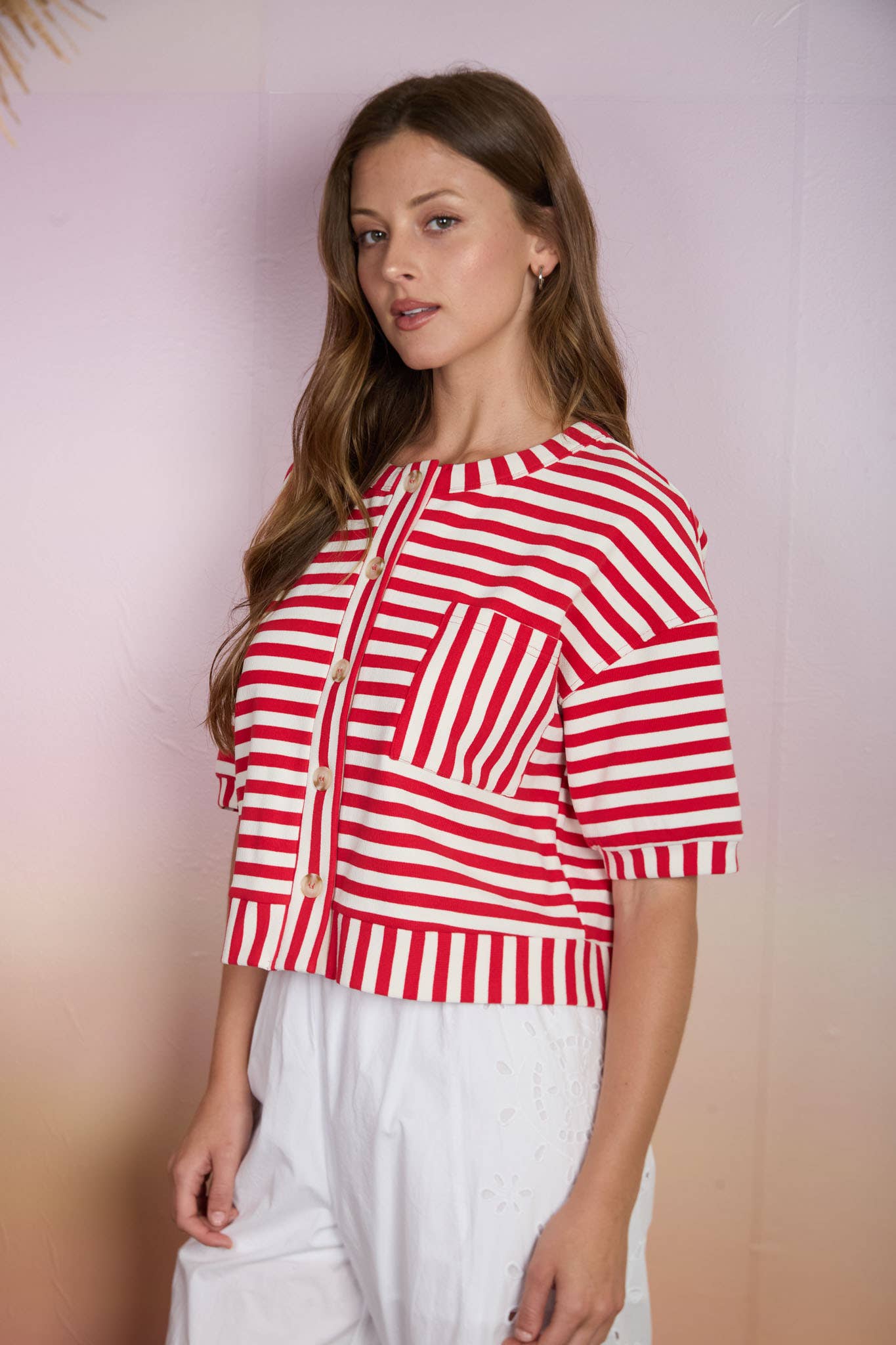 STRIPE PATTERN SHORT SLEEVE BUTTON DOWN KNIT TOP : RED