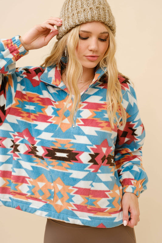 36215J - Aztec Sherpa Fleece Zip Up Pullover Sweatshirt: TEAL MULTI / S