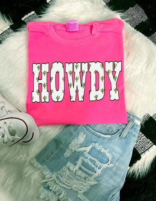 Howdy Cactus Graphic Tee-Neon Pink